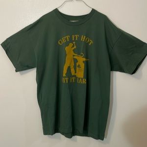 Bayside heavy weight green t shirt, get it hot hit it hard blacksmith funny